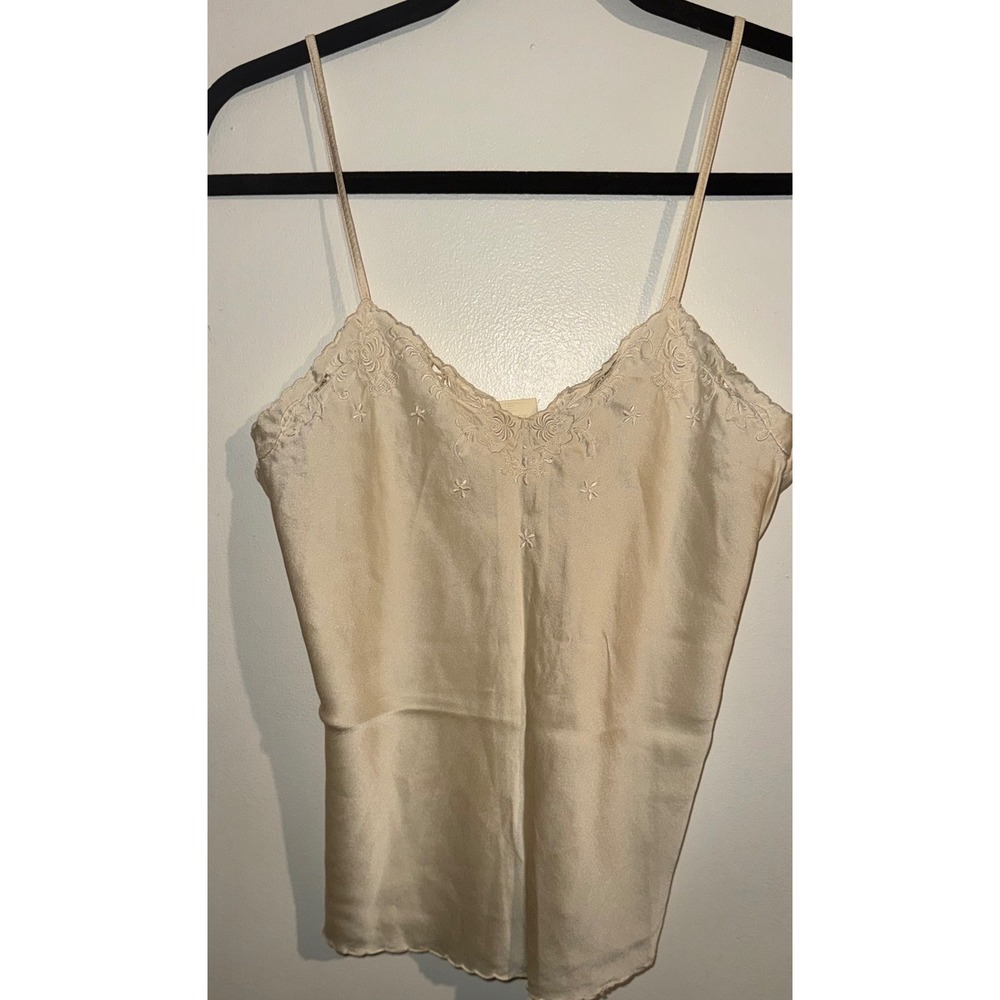 Vintage Pure Silk Camisole Cream Champagne Floral Embroidered Scallop Trim Top